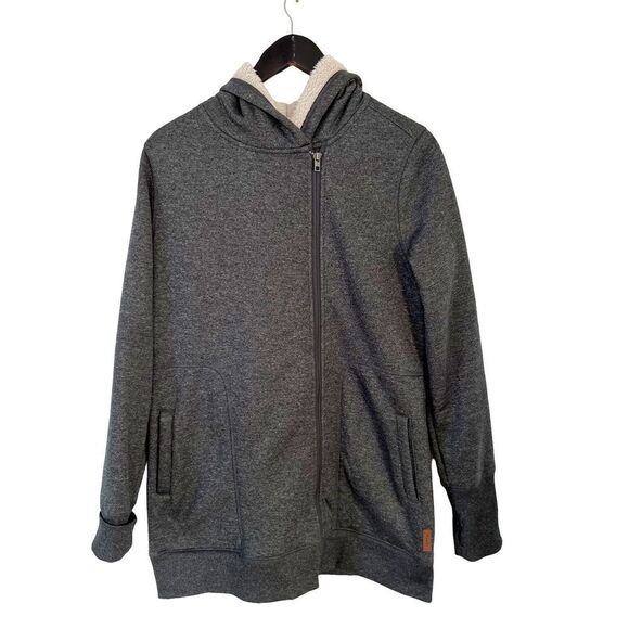 Roots Dark Grey Asymmetrical Zipper Tunic Length Sherpa Lining Hooded Sweater - Picture 1 of 10